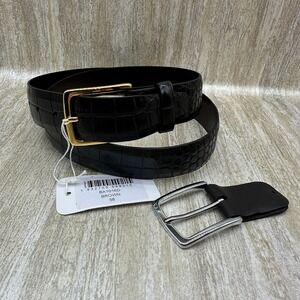 Paul Fredrick Leather Belt Italian 38 Brown‎ Croc Embossed  Changeable Buckles